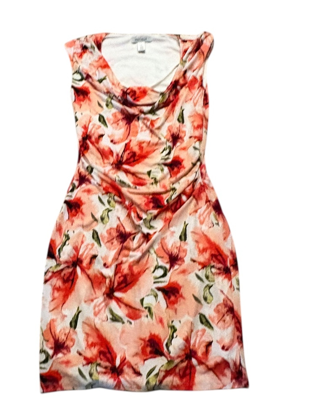 White House black market coral red peach pink cowl neck sleeveless floral dress